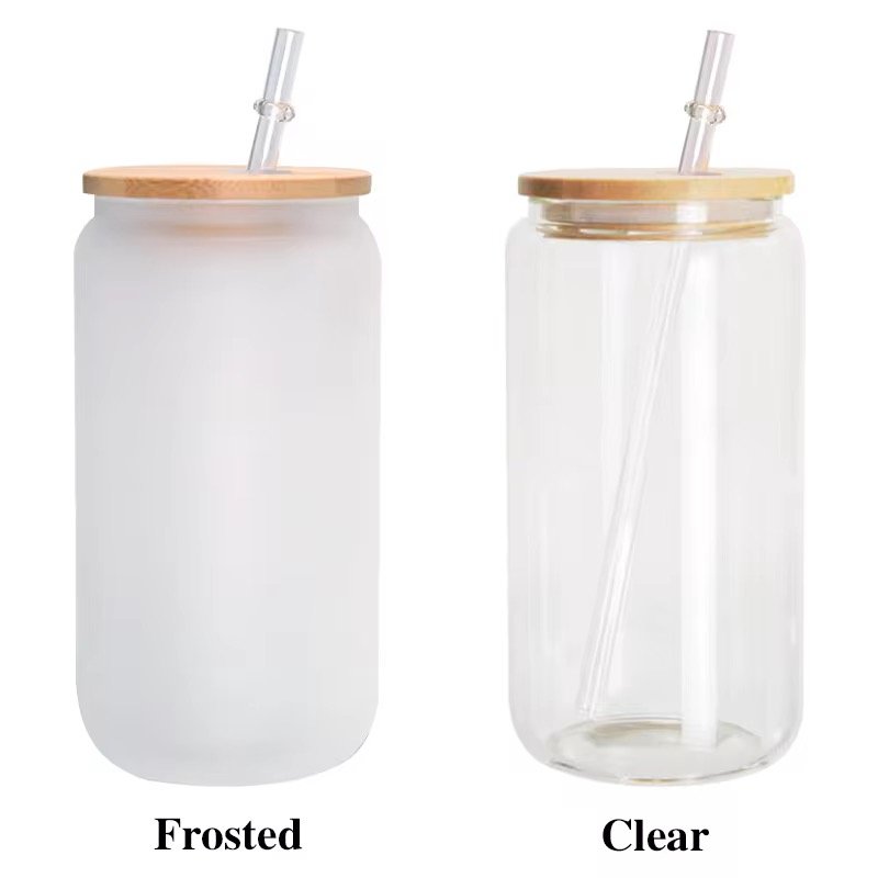 US Warehouse 16oz Clear & Frosted Sublimation Glass Can with Bamboo Lids